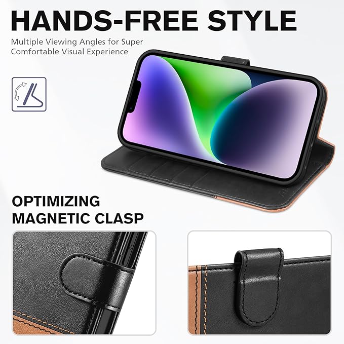 TUCCH Wallet Case for iPhone 14 5G, [RFID Blocking] Card Slot Holder Stand [Shockproof TPU Interior Case] PU Leather Magnetic Protective Flip Cover Compatible with iPhone 14 6.1", Black & Brown