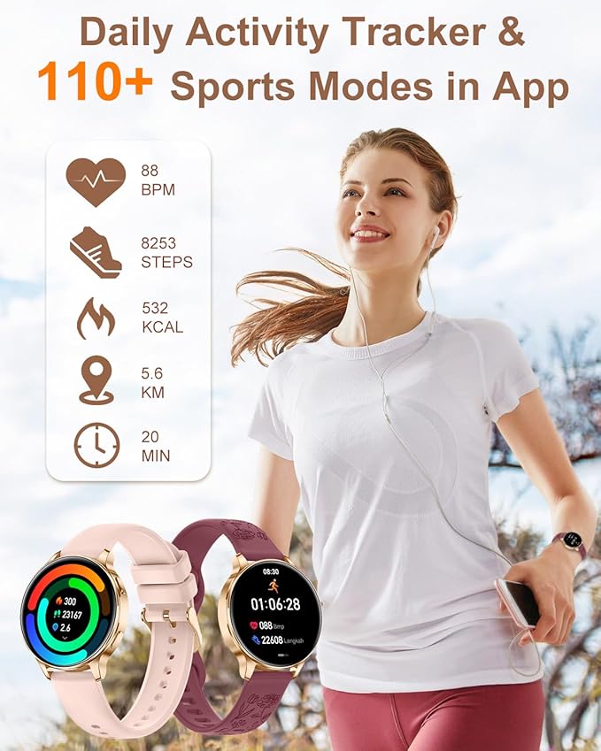 Smart Watches for Women 3 Bands 1.29" AMOLED Smartwatch Compatible Android and iOS Phones Answer/Make Calls Fitness Tracker Watch with 110+ Sports Modes Heart Rate Monitor Pedometer Sleep Rose Gold