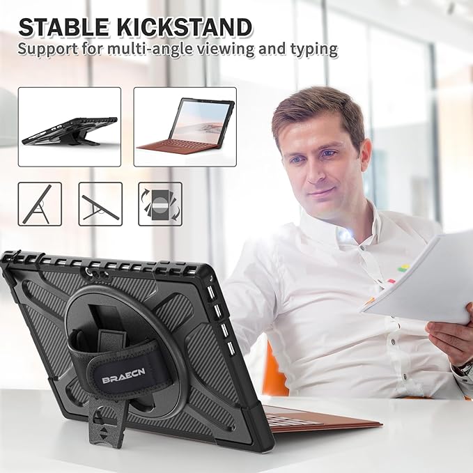 BRAECNstock for Microsoft Surface Pro 7+ Plus/ 7/6/ 5/4 Case 12.3 inch, Shockproof Rugged Protective Cover with Hand Strap+Stand, Pencil Holde, Compatible with Type Cover Keyboard, Black