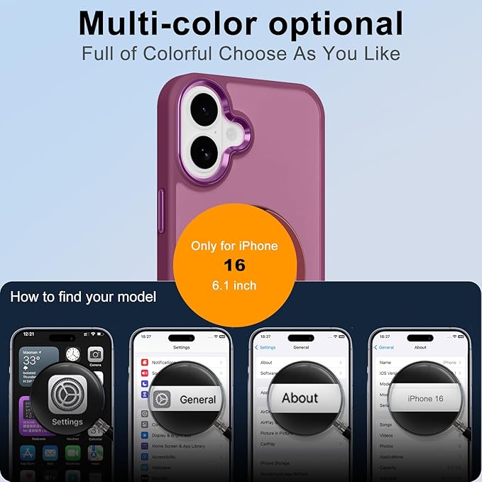 ZIYE Wine Red Case for iPhone 16 Case with Stand [Compatible with MagSafe] Slim Heavy Duty Protection Military Grade Shockproof Magnetic Cover with 360 Rotatable Ring Kickstand for Women Men