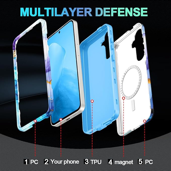 Casetego for Galaxy S25 FE Case,Compatible with MagSafe,[Military Grade Drop Test] Full Body Protection Slim Shockproof Rugged Marble Women Case for Samsung Galaxy S25 FE 6.7 inch,Azure Blue