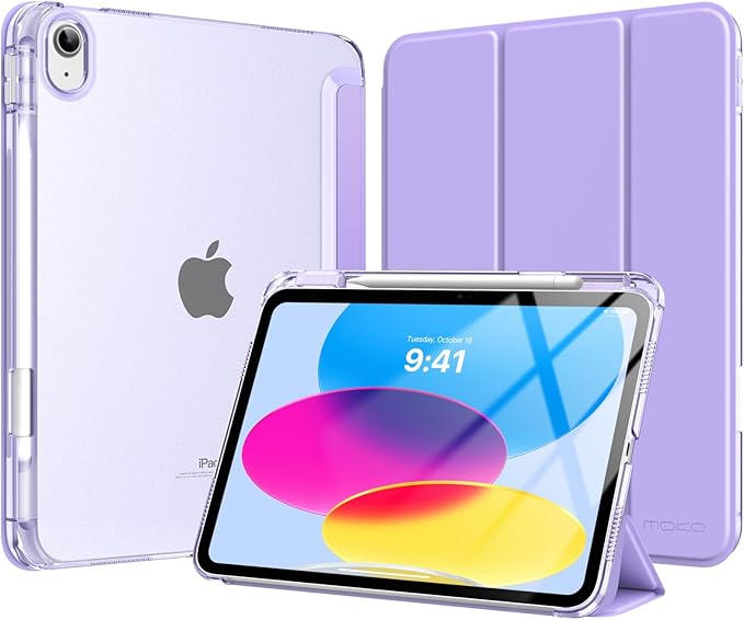 MoKo for iPad (A16) 11th Generation Case 11 Inch 2025, iPad 10th Generation Case 10.9 Inch 2022 with Pencil Holder, Slim Light Trifold Protective Cover with Hard PC Translucent Back Shell, Lilac