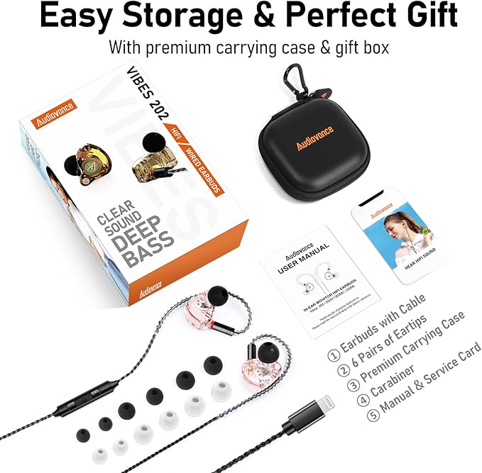 Vibes 202ML Wired Earbuds - HiFi in Ear Headphones - Noise-Isolating Ear Buds w/ Mic - Clear Sound, Deep Bass, Comfort-Fit Earphones - MMCX–Lightning for iPhone 5–14, Silver Plated Cord, Carrying Case