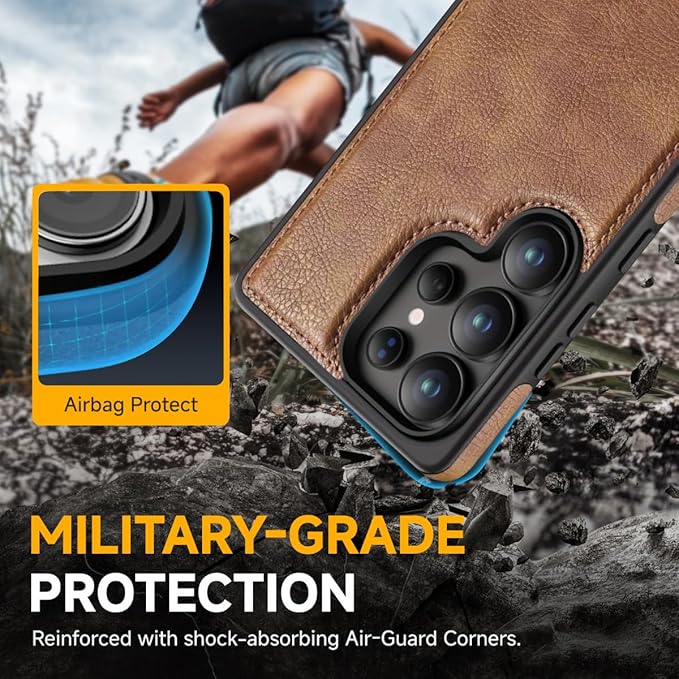 for Galaxy S25 Ultra Leather Case, Built-in Foldable Alloy Stand, with Camera Lens and Screen Protector, Slim Shockproof Kickstand Phone Cover 2025 (Brown)