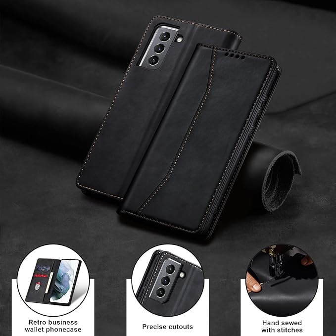Jasonyu Flip Wallet Case for Samsung Galaxy S21 5G,Leather Magnetic Folio Cover with Card Holder,Kickstand - TPU Shockproof Durable Protective Phone Case,Black
