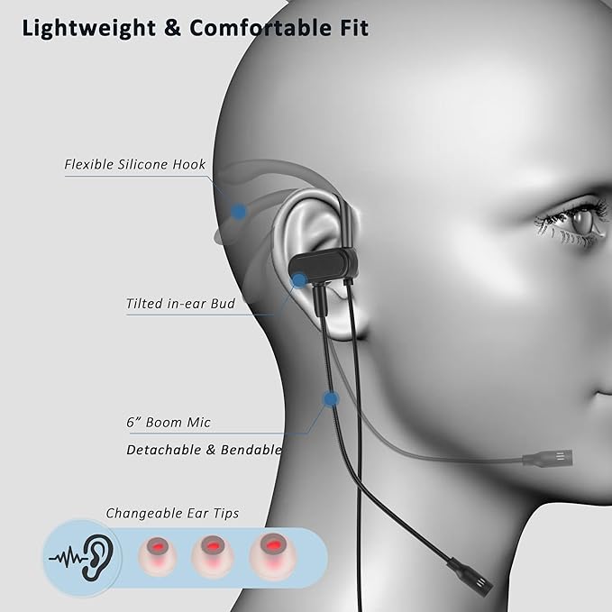 USB C & USB A Earbuds with Boom Mic for Smartphones & Computers, Wired USB C In-ear Headset with Wrap-Around Ear Hooks, Dual Mic Earbuds, 5.9FT - Perfect for Calling, Meeting, Work and Gaming