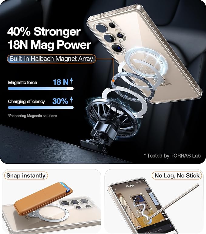 TORRAS 360° Spin Magnetic Stand for Samsung Galaxy S25 Ultra Case, Fit for Magsafe, Military Grade Slim Hard PC Protective S25 Ultra Clear Case with Kickstand & Ring Holder, Ostand Spin, Clear