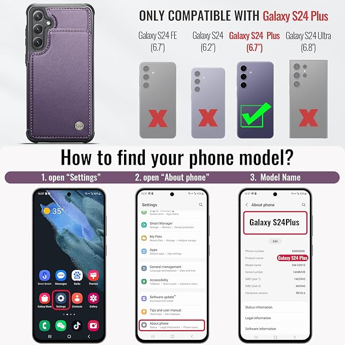 Vinich for Samsung Galaxy S24 Plus Wallet Case with Card Holder, RFID Blocking Credit Slots Kickstand Shockproof Phone Cover for Women Men, Purple