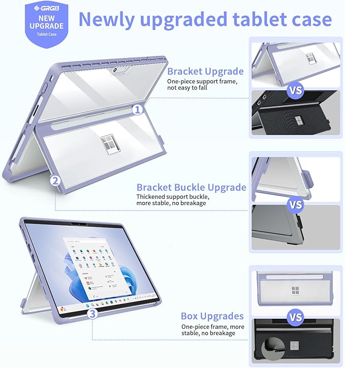 Case Updated Version fit Microsoft Surface Pro 11/10 /9/8 13-Inch, All-in-one Rugged Case Compatible with Type Cover Keyboards, Transparent&Purple