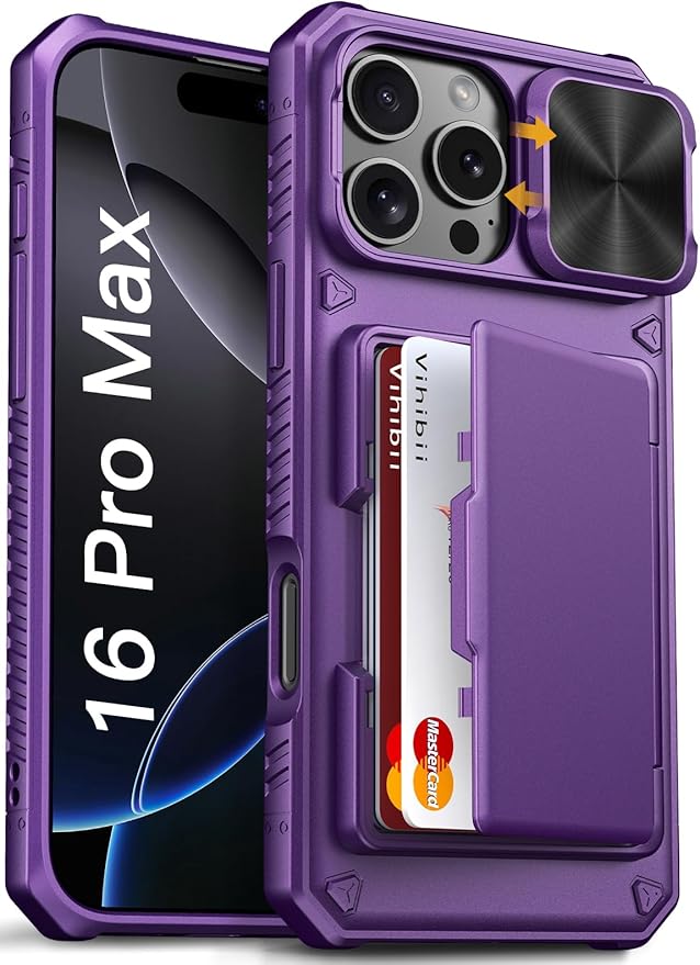 Vihibii for iPhone 16 Pro Max Case Wallet with Card Holder (4 Cards) [RFID Blocking] & Slide Camera Cover, Military Grade Drop Protection, Hard Back & Silicone Edge Phone Case 6.9" 2024, Dark Purple