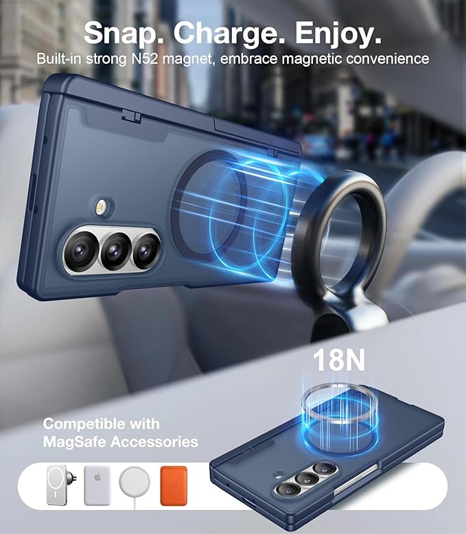 Temdan Magnetic for Samsung Galaxy Z Fold 7 Case,[Compatible with MagSafe][Built-in HD Screen Protector&Invisible Kickstand][Hinge Protection]Translucent Matte Shockproof Phone Case for Z Fold 7,Blue