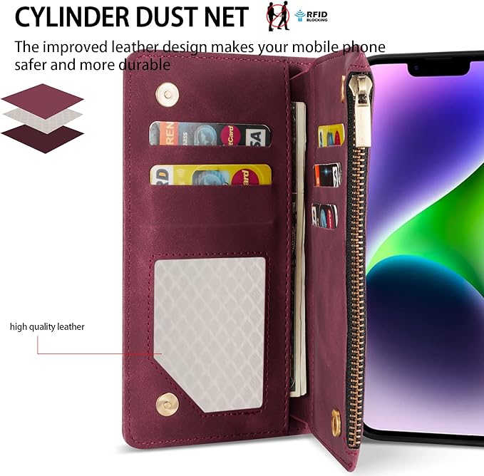 ZZXX for iPhone 14 Plus Case Wallet with [RFID Blocking] Card Slot Premium PU Leather Zipper Flip Folio with Wrist Strap Kickstand Protective Cover for iPhone 14 Plus Wallet Case(Wine Red-6.7 inch)