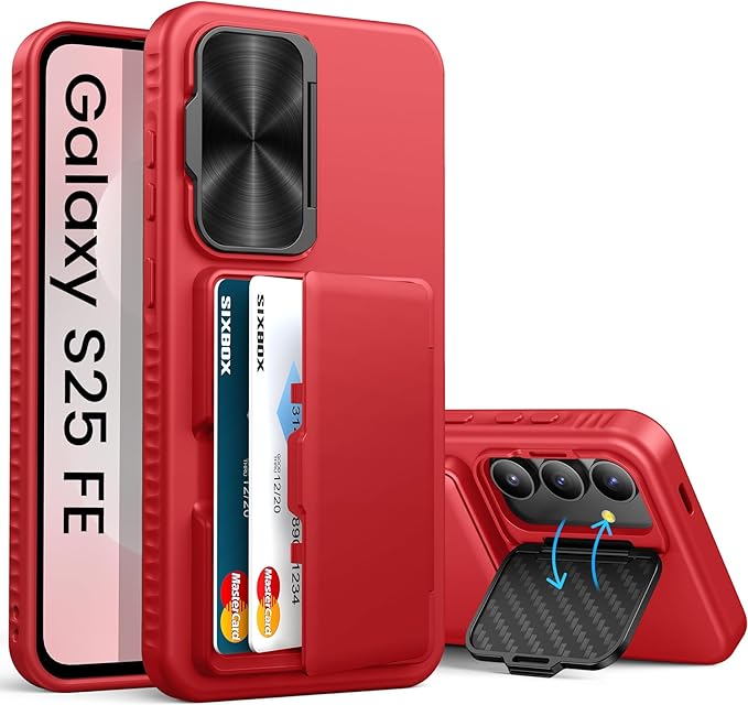 for Samsung Galaxy S25 FE Wallet Case with Card Holder & Camera Lens Cover Stand, Military Grade Drop Protection Shockproof Rugged Stand Protective Phone Case for S25 FE 6.7" 2025, Red