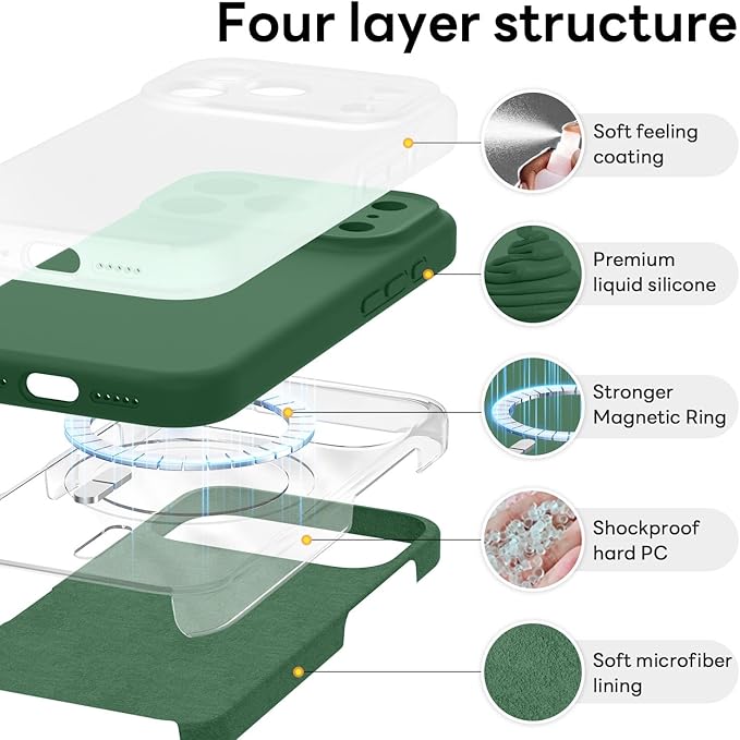 Vooii Magnetic Compatible with iPhone 17 Pro Max Case (Compatible with Magsafe) (Upgraded Camera Protection) Liquid Silicone Shockproof Full Body Protective Phone Cover for Women Men, Green, 6.9”