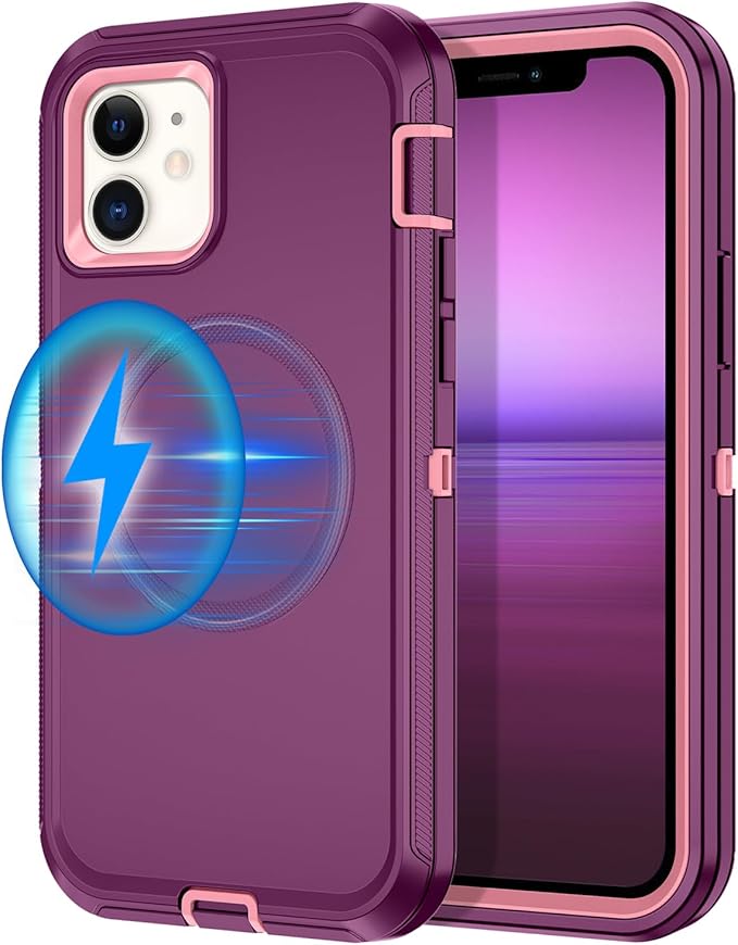 for iPhone 12 Case,iPhone 12 Pro Case [Compatible with MagSafe] Shockproof 3-Layer Full Body Protection Rugged Heavy Duty Cover for Apple iPhone 12/12 Pro 6.1",Purple/Pink