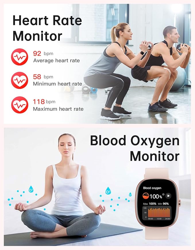 HUAKUA Smart Watches for Women Men (Answer/Make Calls), 1,85" HD Smart Watch for iPhone/Android Phones, Fitness Tracker with 100+ Sport Heart Rate/Sleep Monitor Pedometer IP68 Waterproof (Pink)