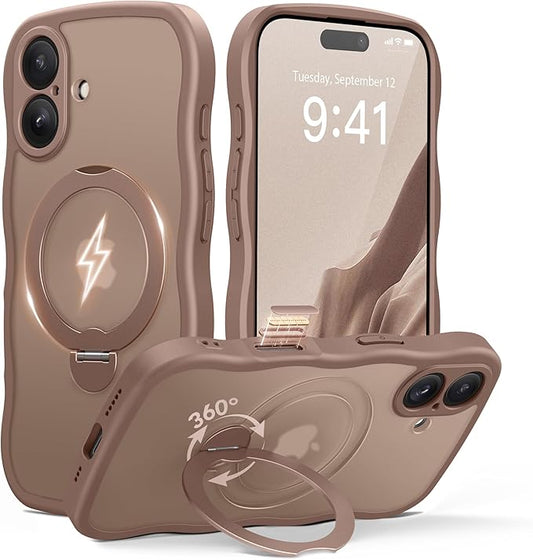 GolbinBox for iPhone 16 Case, [Compatible with Magsafe][360° Spin Magnetic Stand][Military-Grade Protection][Camera Control][Cute Wave Edge] Translucent Matte Women Phone Cover for iPhone 16, Brown