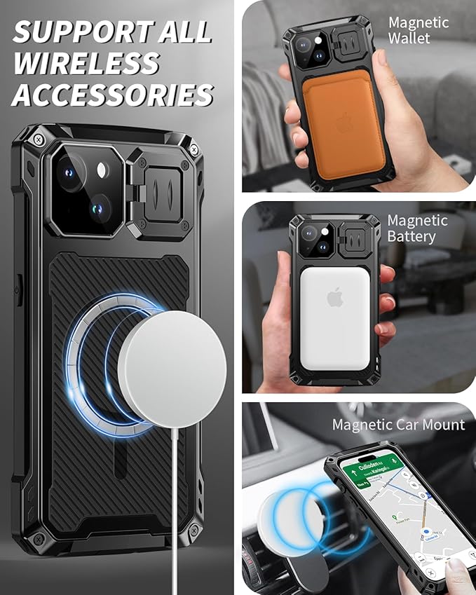 Lanhiem Magnetic for iPhone 14 Metal Case, [Built-in Camera Kickstand & Glass Screen Protector] Heavy Duty Shockproof Full Body Rugged Protective Magsafe Cover for iPhone 14 6.1" (Black)