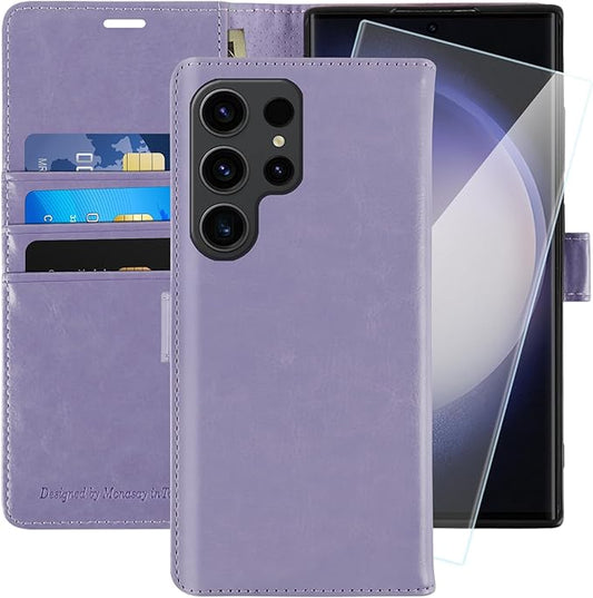 MONASAY Wallet Case Compatible for Galaxy S23 Ultra 5G,[RFID Blocking] Flip Folio Leather Cell Phone Cover with Credit Card Holder, 6.8 inch, Lavenders