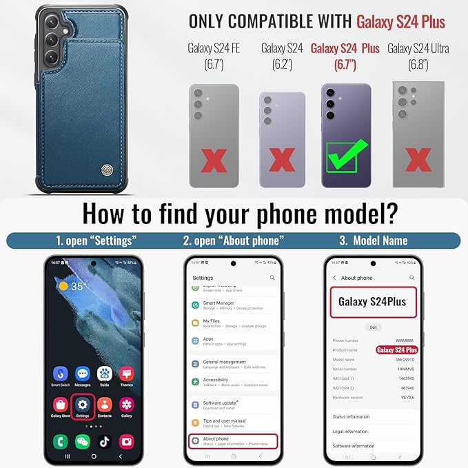 Vinich for Samsung Galaxy S24 Plus Wallet Case with Card Holder, RFID Blocking Credit Slots Kickstand Shockproof Phone Cover for Women Men, Blue