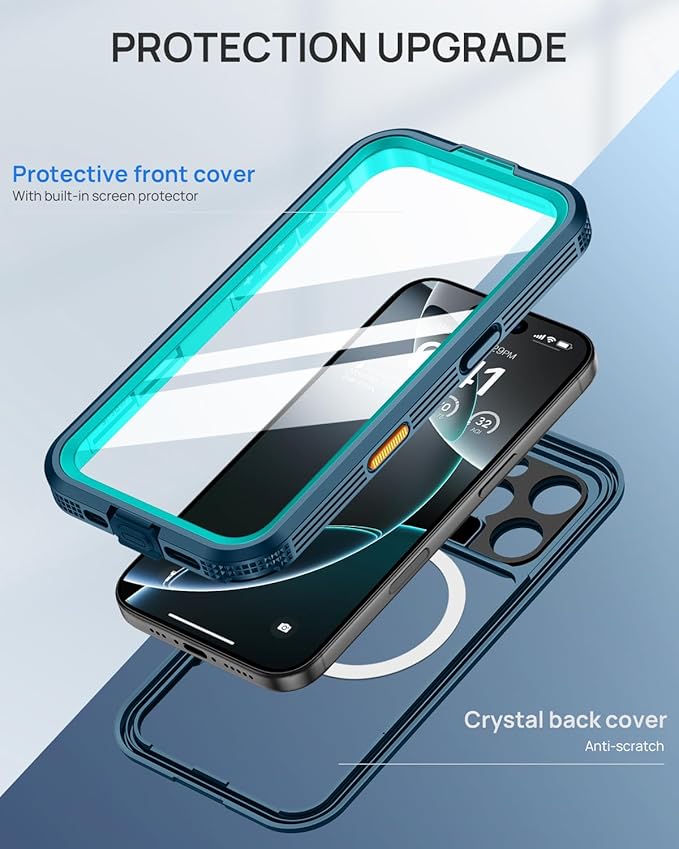 Lanhiem Magnetic for iPhone 16 Pro Max Case, IP68 Waterproof Dustproof Case, [Compatible with Magsafe] [Built-in Screen Protector] Full Body Heavy Duty Rugged Phone Cover 6.9 inch, Blue/Clear