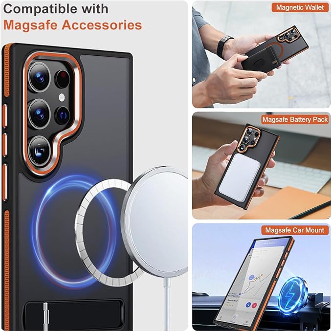 Case for Samsung Galaxy S24 Ultra with Kickstand, Compatible with MagSafe, Anti-Slip Galaxy S24 Ultra Case, 3-Modes Stand Military-Grade Protection, S24 Ultra Magnetic Cover (Black/Orange)