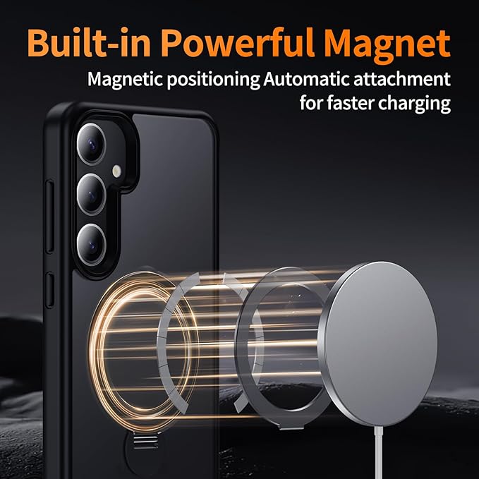 for Samsung Galaxy S24+ Plus Case,Compatible with Magsafe,with 360°Rotatable Magnetic Ring Stand [Wireless Charging],Matte Translucent Slim Soft Edge Phone Kickstand,Black