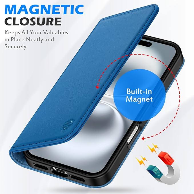 SHIELDON Wallet Case for iPhone 16 2024, Genuine Leather Folio Case with Kickstand, RFID Blocking Card Slots, Magnetic Shockproof Cover, Compatible with iPhone 16 5G 6.1" - Nappa Sapphire Blue