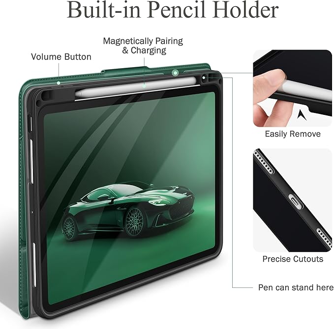 auaua Case for iPad Pro 13 Inch 2024 (M4), with Pencil Holder and Pocket, Multiple Viewing Angles, Magnetic Closure, Auto Sleep/Wake (Green)