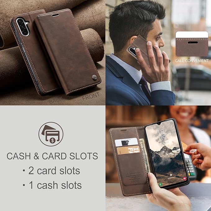 for Samsung Galaxy A26 Case, Flip Wallet Leather Case with Card Holder Magnetic Closure Shockproof Kickstand Protective Phone Cases Cover for Galaxy A26, Coffee