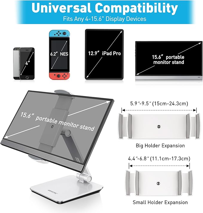 AboveTEK Business Kiosk Aluminum Tablet iPad Stand, 360° Swivel Tablet & Phone Holders for Any 4"-15.6" Display Tablets/Cell Phones/Portable Monitor, Sturdy for Store POS Office (Silver)