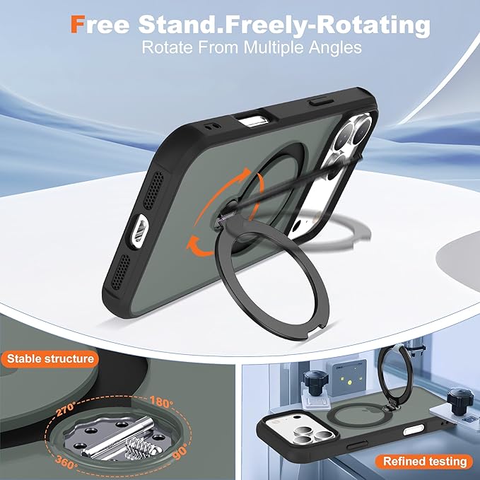 Compatible with iPhone 17 Pro Case with Invisible Magnetic 360°Spin Stand,Military-Grade Shockproof Protection [Compatible with Mag-Safe] Non-Slip Edge Translucent Case (6.3",Black)