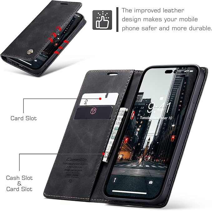 for iPhone 14 Pro Case, Flip Wallet Leather Case with Card Holder Magnetic Closure Shockproof Kickstand Protective Phone Cases Cover for iPhone 14 Pro, Black