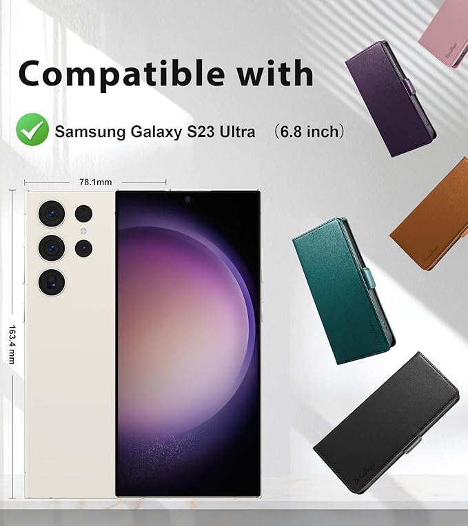 Wallet Flip Case for Samsung Galaxy S23 Ultra 5G - [RFID Blocking] Luxury PU Leather Card Holder Magnetic Phone Cover with Kickstand,Shockproof Protective Case,Purple