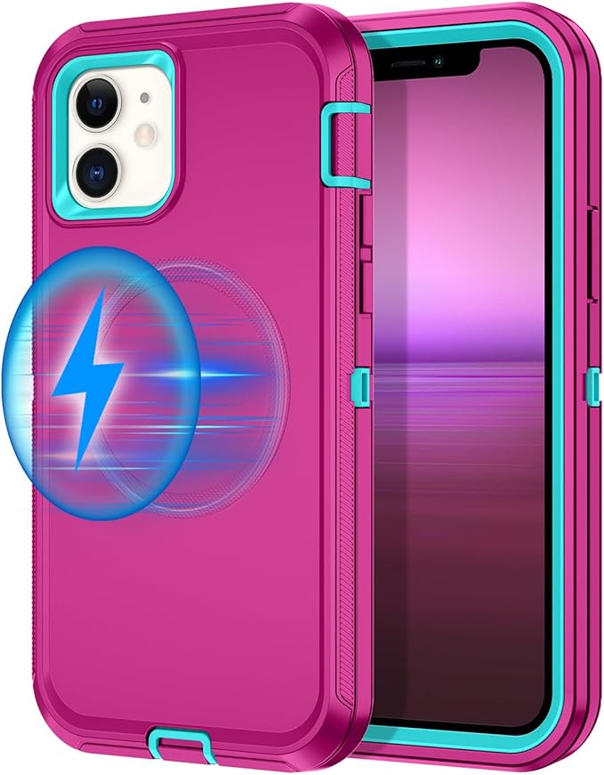 for iPhone 12 Case,iPhone 12 Pro Case [Compatible with MagSafe] Shockproof 3-Layer Full Body Protection Rugged Heavy Duty Cover for Apple iPhone 12/12 Pro 6.1",Rose Red/Green