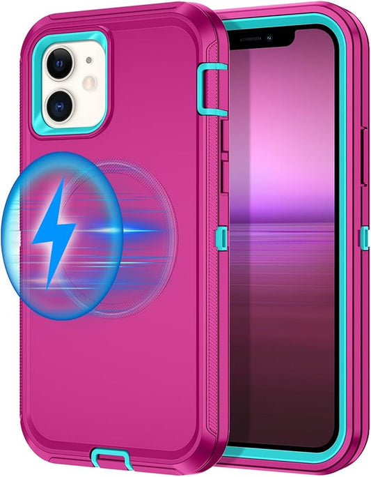 for iPhone 12 Case,iPhone 12 Pro Case [Compatible with MagSafe] Shockproof 3-Layer Full Body Protection Rugged Heavy Duty Cover for Apple iPhone 12/12 Pro 6.1",Rose Red/Green