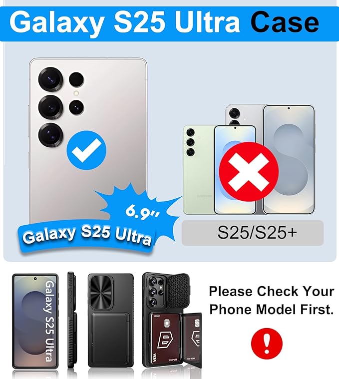 for Samsung Galaxy S25 Ultra Wallet Case with Credit Card Holder (4-5 Cards), Camera Cover Stand & Military Grade Protection, Heavy Duty Men Women Phone Case for Samsung S25 Ultra 6.9", Black