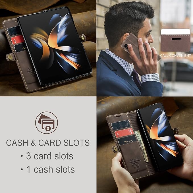 for Samsung Galaxy Z Fold4 Case, Flip Wallet Leather Case with Card Holder Magnetic Closure Shockproof Kickstand Protective Phone Cases Cover for Samsung Galaxy Z Fold4,Coffee