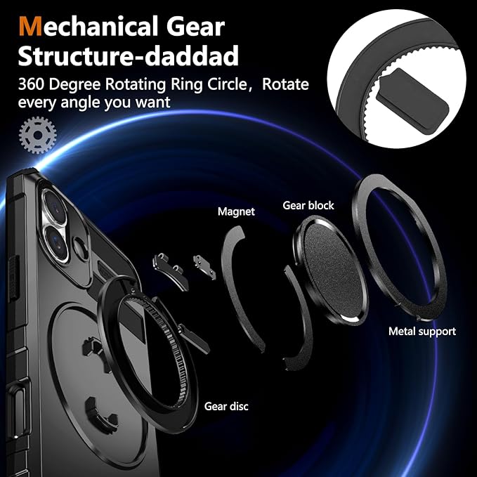 for iPhone 16 Plus Case Magnetic Compatible with Wireless Charging,16 Plus Phone Case with 2 Screen Protector,Built-in Kickstand Ring Military Grade Drop Shockproof Heavy Duty Protection Black