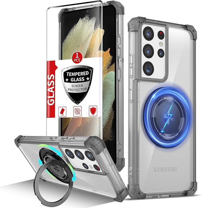 for Samsung Galaxy S21 Ultra Case Magnetic Compatible with MagSafe Wireless Charging,for S21 Ultra Case Built-in Kickstand Ring,with Screen Protector Military Grade Protection Shockproof Black