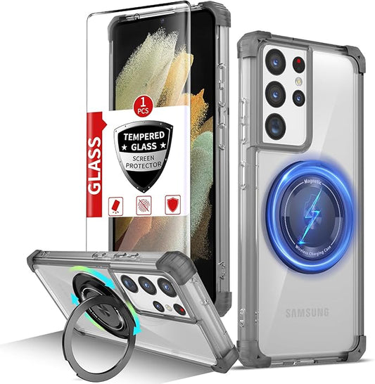 for Samsung Galaxy S21 Ultra Case Magnetic Compatible with MagSafe Wireless Charging,for S21 Ultra Case Built-in Kickstand Ring,with Screen Protector Military Grade Protection Shockproof Black