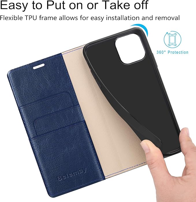Belemay Compatible with iPhone 14 Pro Max Case Wallet-Genuine Leather Flip Case-RFID Blocking Card Holders-Shockproof TPU Shell Folio Cover Women Men Compatible with iPhone 14 Pro Max (6.7-inch) Navy