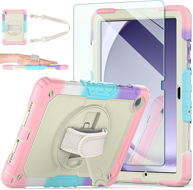 Ambison Case for Samsung Galaxy Tab A9+ Plus 11'' 2023, [Kids Proof] Full Body Protective Case with 9H Tempered Glass Screen Protector, 360° Rotatable Kickstand & Hand Strap (Light Pink)
