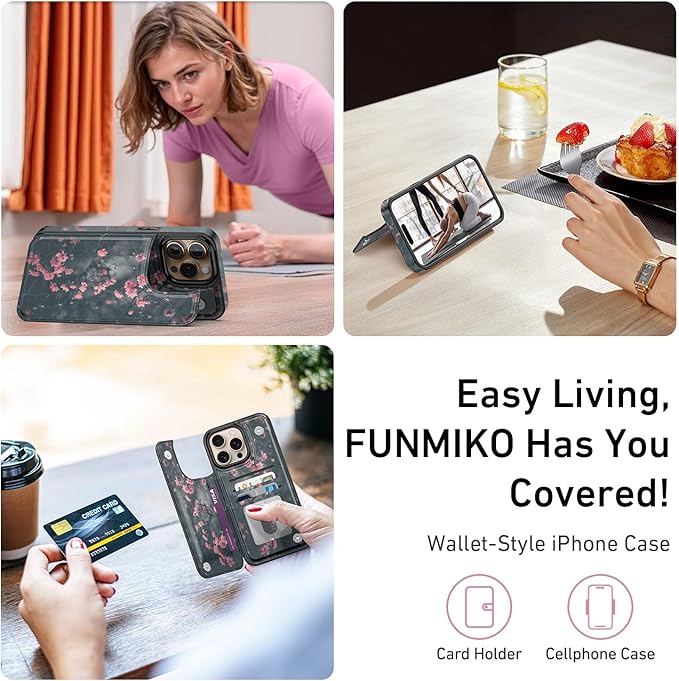 FUNMIKO for iPhone 16 Pro Max Wallet Case with Card Holder, RFID-Blocking, Military-Grade Protection & UV-Printed Artwork, Magnetic Closure with Leather Kickstand - Mystic Blooming Plum