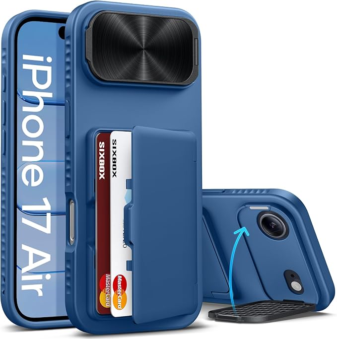 for iPhone Air Case with Card Holder, Built-in Stand & Camera Lens Cover, Shockproof Rugged Silicone Bumper Raised Edge Protective Wallet Phone Cover Case for iPhone Air Case 6.5" 2025, Blue