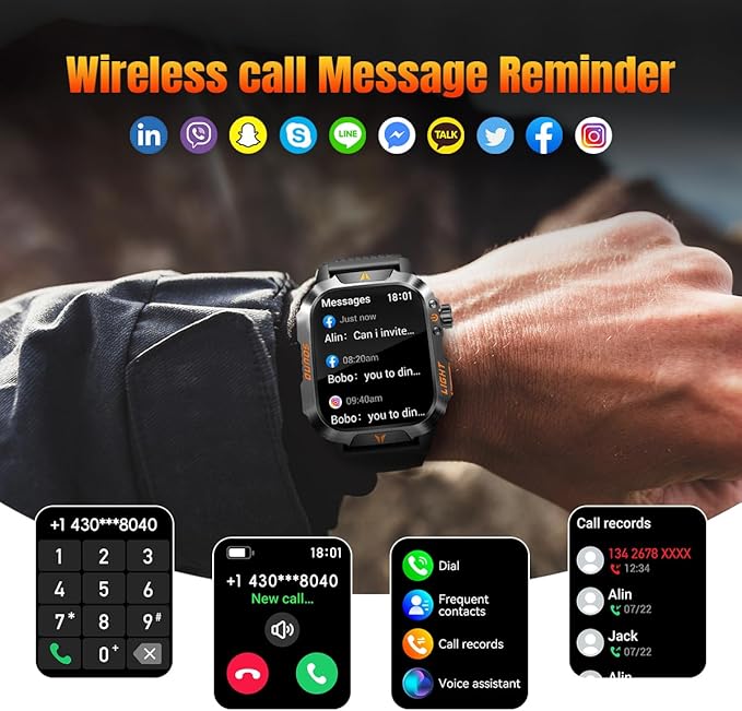 Military Smartwatch for Men, LED Flashlight Bluetooth Call IP68 Waterproof Heart Rate Blood Oxygen Sleep Tracker Fitness Pedometer Android/iOS Compatible - Ideal for Hunting Hiking Extreme Sports