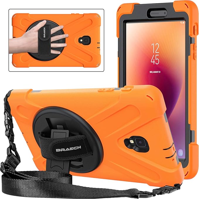 BRAECNstock for Samsung Galaxy Tab A 8.0 (SM-T380/T385) Heavy Duty Shockproof Case with 360 Rotating Kickstand & Hand Strap Shoulder Strap - Orange