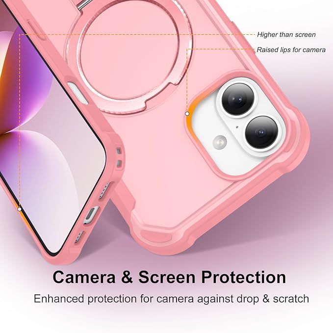 Compatible with iPhone 16 Case with Invisible Magnetic Ring Stand [Compatible with Magnetic] [Military Drop Protection] Shockproof Slim Hard Back Soft Edge Case 6.1 Inch, Pink