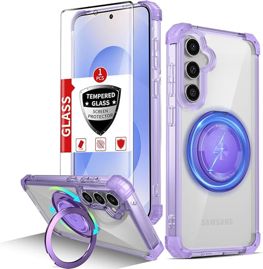 Magnetic for Samsung Galaxy S25 Plus Case Compatible with MagSafe Wireless Charging,with Screen Protector,S25+Plus Case Built-in 360°Kickstand Shockproof Military Grade Drop Protection Purple