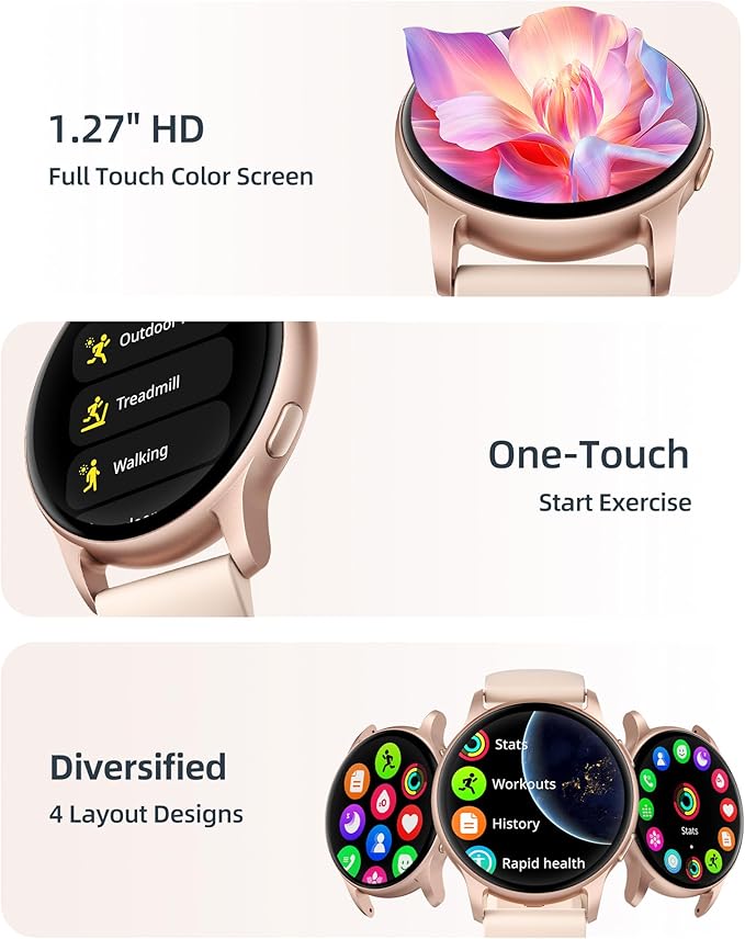 Parsonver Smart Watch for Women(Answer/Make Calls), 5ATM Waterproof Swimming Monitor, 44mm HD Screen Fitness Tracker 100+ Sport Modes, Heart Rate Sleep Monitor, Smartwatch for Android iOS, Rose Gold